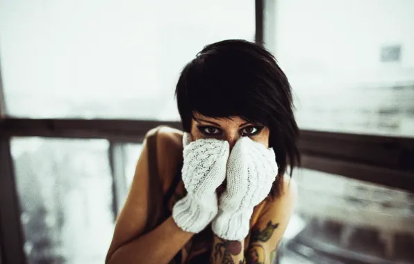 Eyes, girl, hair, view, window, Girl, tattoo, balcony