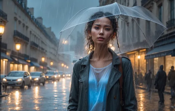 Road, girl, machine, the city, lights, people, rain, street