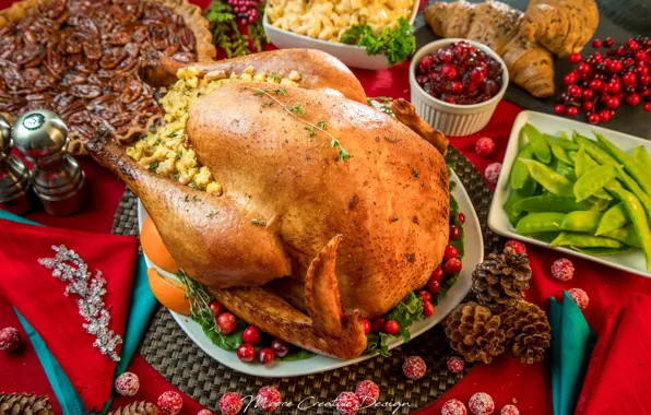 Bird, meat, salad, festive table, Turkey, cranberry