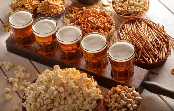 Picture foam, beer, glasses, drinks, popcorn, nuts, pistachios, cracker