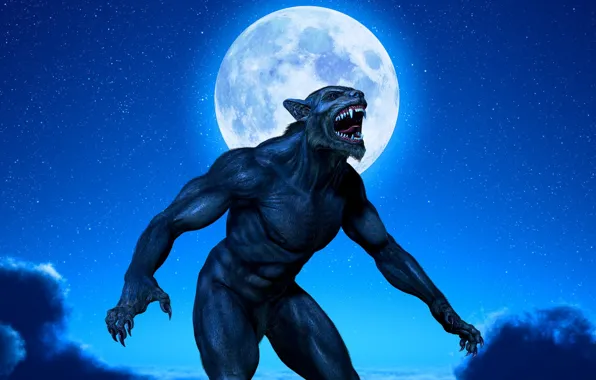Clouds, night, claws, fangs, beast, the full moon, werewolf, muscle