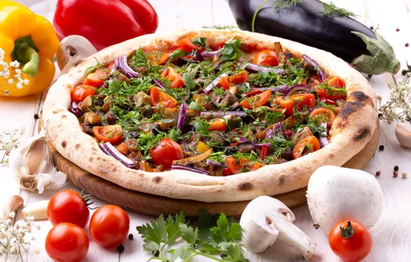 Greens, mushrooms, bow, eggplant, pepper, pizza, tomatoes