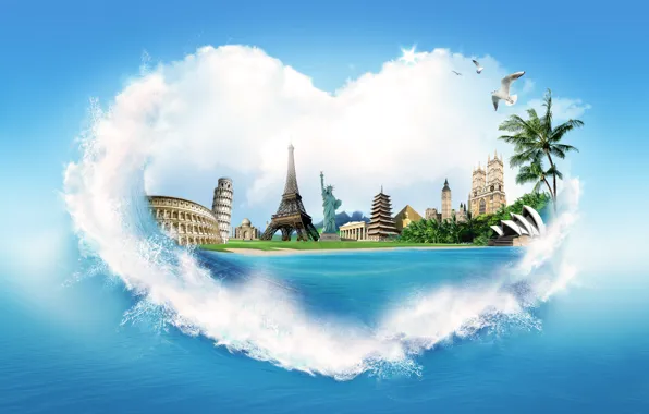 Sea, water, squirt, palm trees, creative, shore, heart, Eiffel tower