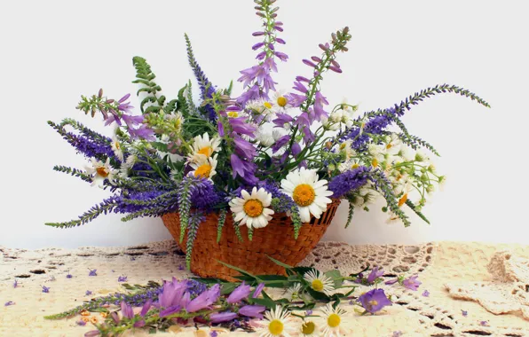 Flowers, table, basket, chamomile, bells, tablecloth, Lupin