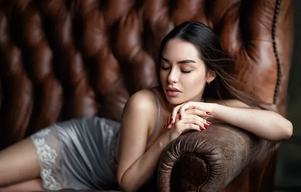 Girl, face, pose, sofa, hands, combination, manicure, closed eyes