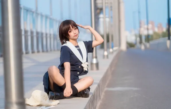 Look, Asian, gesture, uniform, look, cute girl, cute girl, uniform