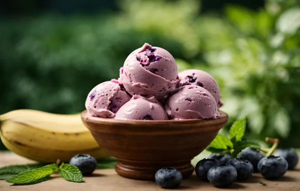 Food, blueberries, ice cream, banana, mint, dessert