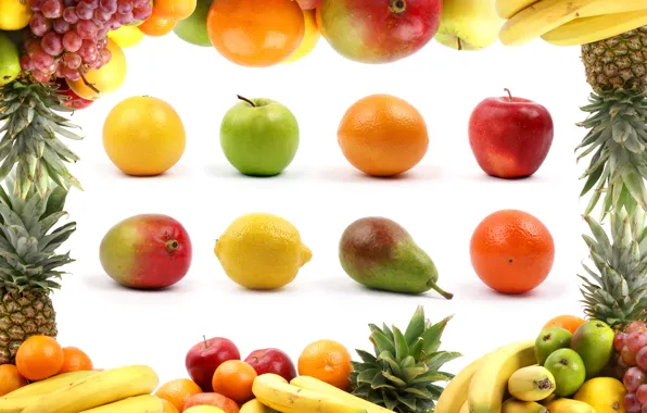 Picture creative, apples, oranges, bananas, white background, fruit, pear, lemons