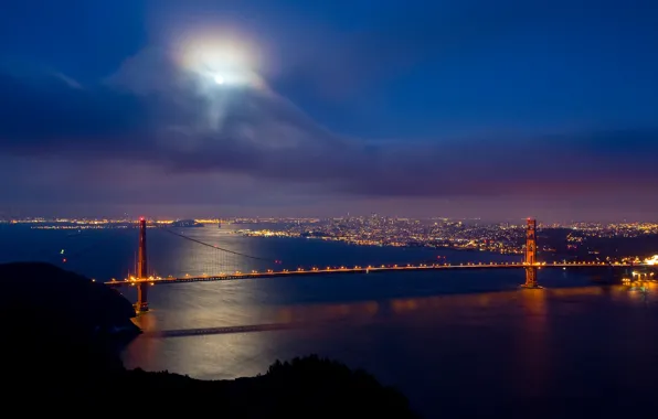 Clouds, bridge, The moon, San Francisco, Golden Gate