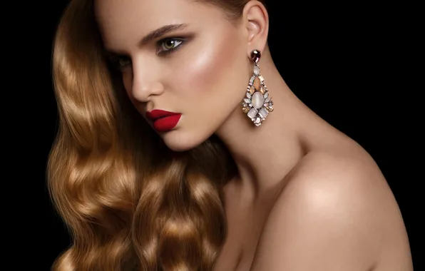 Hot, model, face, red lips, makeup, ear ring