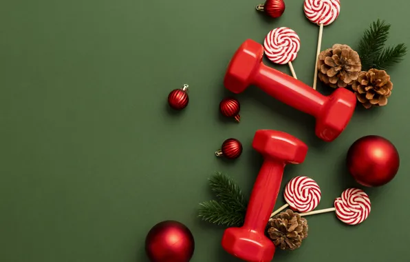 Balls, Christmas, candy, red, New year, lollipops, needles, green background