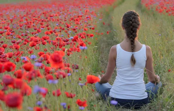 FIELD, BRAID, TRAIL, FLOWERS, BROWN hair, MOOD, POSE, MEADOW