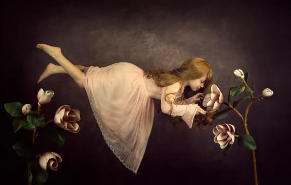 Flowers, children, barefoot, dress, girl, levitation, barefoot, Alyona Joak