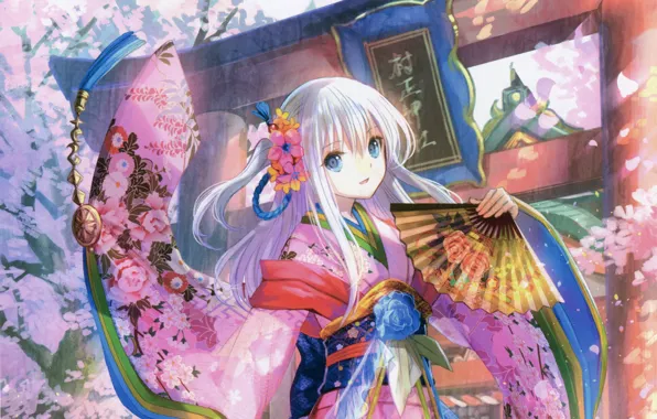 Dance, Japan, fan, girl, kimono, blue eyes, art, Fujiwara