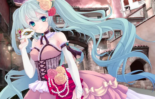Picture girl, flowers, the city, dress, mask, vocaloid, hatsune miku, / fairy party /