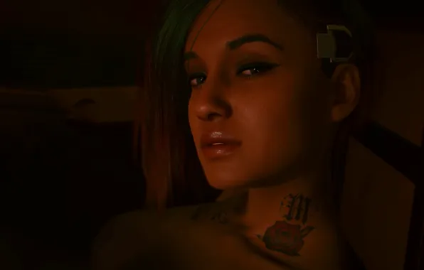 Picture girl, face, smile, makeup, tattoo, twilight, cyberpunk, character