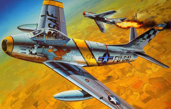 Picture war, art, painting, aviation, korea, dogfight, jets, F-86 Sabre