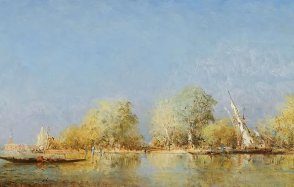 Landscape, boat, picture, channel, Felix Ziem, Gondola of the French Gardens. Venice, Felix Winters