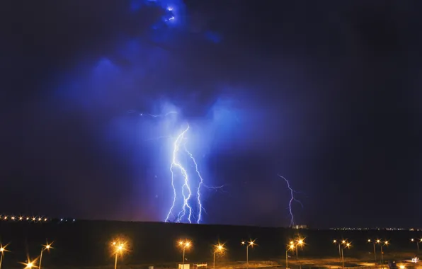 The storm, autumn, night, lights, rain, lightning, The city, beautiful