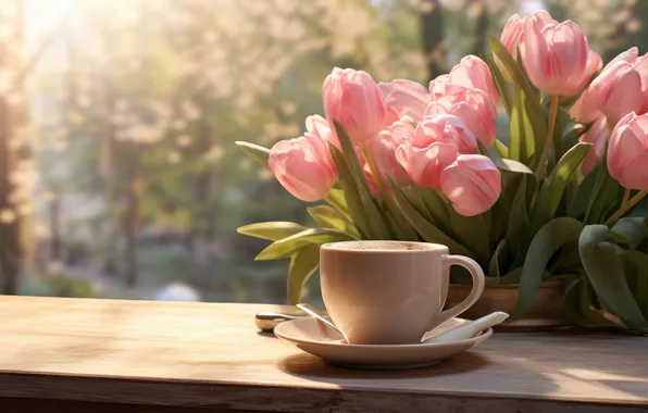 Light, flowers, tea, bouquet, spring, window, mug, Cup