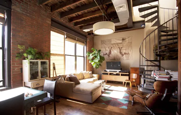 Picture design, style, interior, living space, spiral staircase