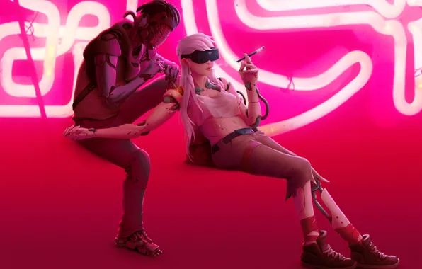 Girl, Pink, Neon, Style, Girl, Fantasy, Beautiful, Robot