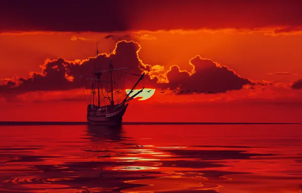 Sea, the sky, sunset, birds, surface, ship