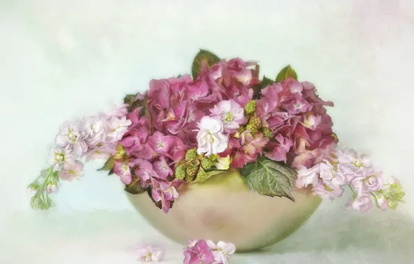 Leaves, flowers, bouquet, bowl, petals, art, pink, white