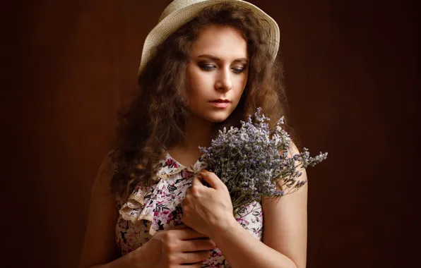 Picture girl, hat, makeup, dress, brown hair, grass, curls, a bunch