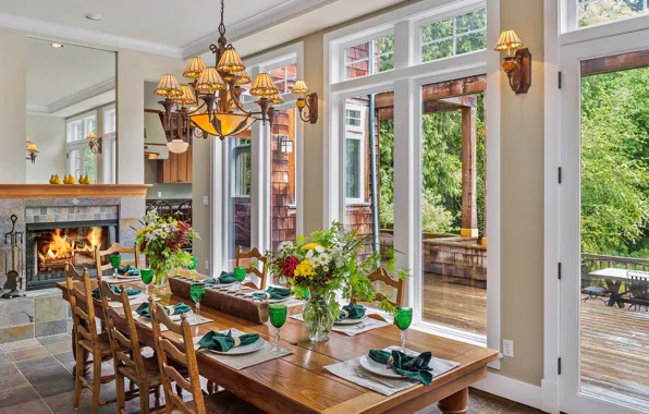 Picture flowers, table, Windows, chandelier, dining room