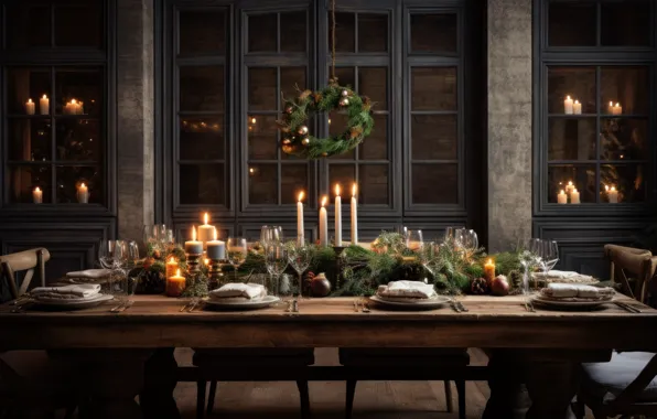 Branches, chairs, interior, candles, glasses, Christmas, plates, dishes