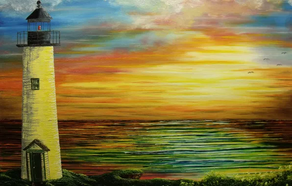 Sea, water, sunset, lighthouse, seagulls, painting, canvas