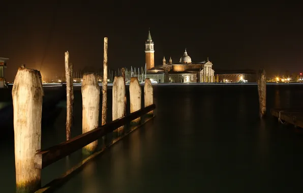 Picture night, Lights, River, Cathedral, Church, Italy, Venice, Cathedral Of San Giorgio Maggiore