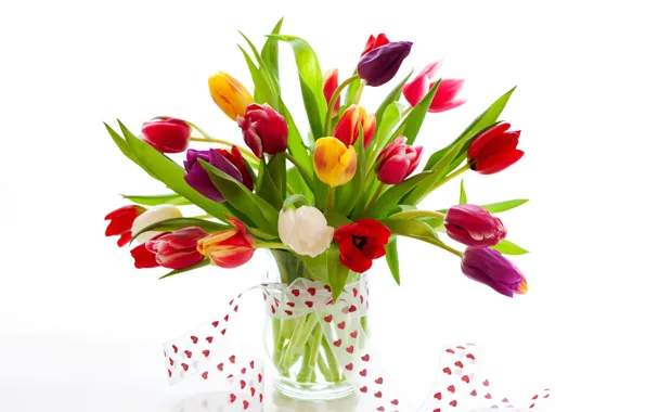 Flowers, bouquet, hearts, tulips, white background, vase, colorful, Valentine's day