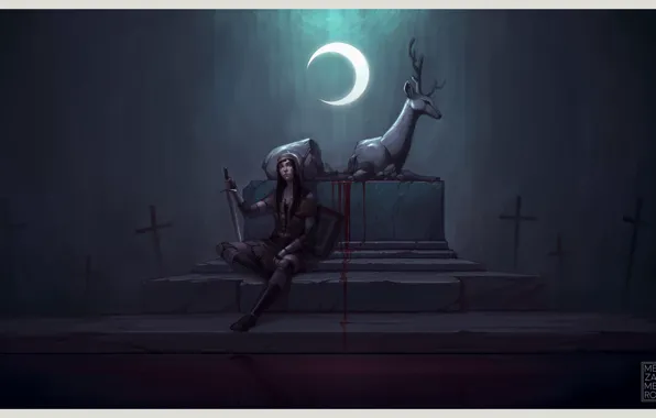 Girl, the moon, sword, deer, art, the altar, sacrifice