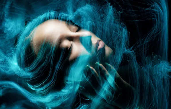 Girl, light, line, abstraction, face, style, blue, color
