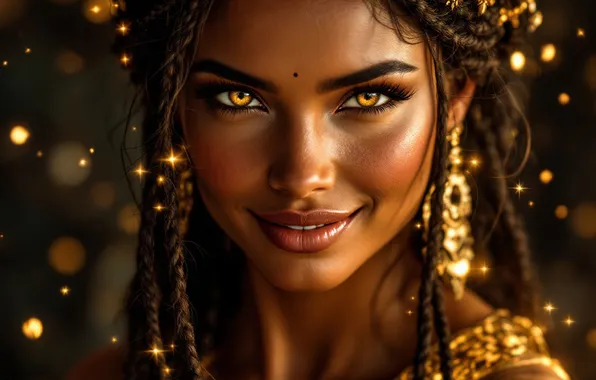 Look, girl, decoration, lights, pose, gold, portrait, fantasy
