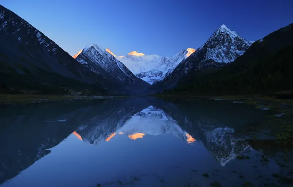 Picture water, snow, lake, tops, Mountains, the evening, twilight