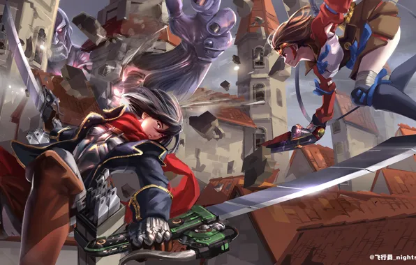 Weapons, girls, anime, art, Titan, crossover, Mikasa Ackerman