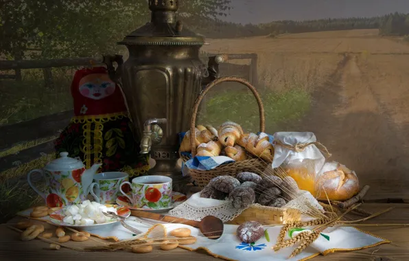 Picture tea, basket, doll, cookies, honey, bread, Bank, bagels