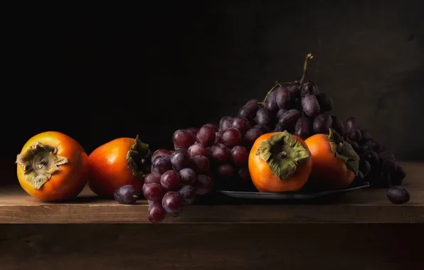 Background, grapes, still life, persimmon, Maxim Vyshar