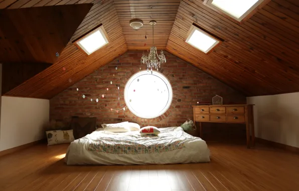 Room, Windows, lamp, bed, interior, chandelier, garland, light bulb