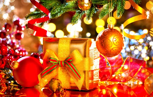 Gift, balls, new year, spruce