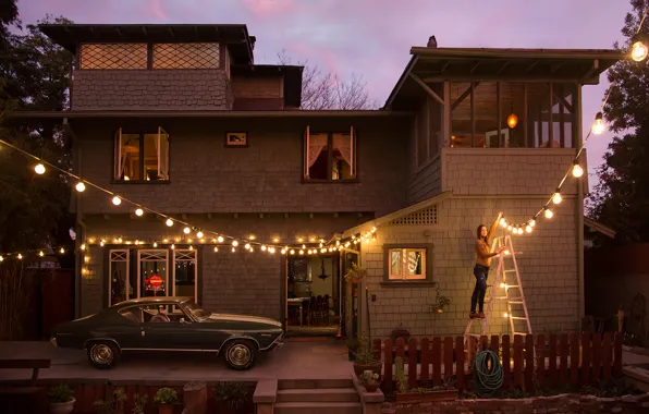Picture machine, girl, lights, house, the evening, lighting, garland, lanterns, photographer, Ryan Schude, hangs