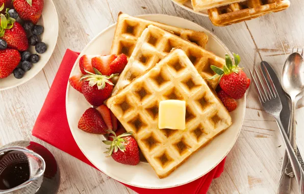 Berries, Breakfast, strawberry, honey, waffles