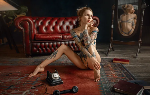 Girl, mirror, tattoo, beauty, tattoo, in lingerie, George Chernyadev, Georgy Chernyadyev