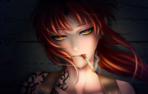 Girl, smoke, anime, art, cigarette, tattoo, black lagoon, revy