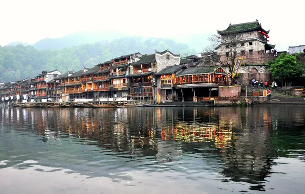 Picture home, boats, China, promenade, Fenghuang