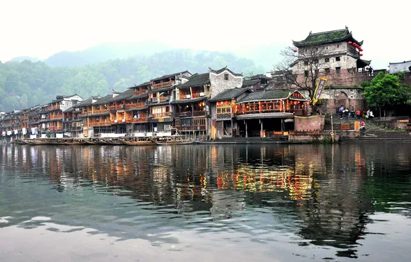 Home, boats, China, promenade, Fenghuang