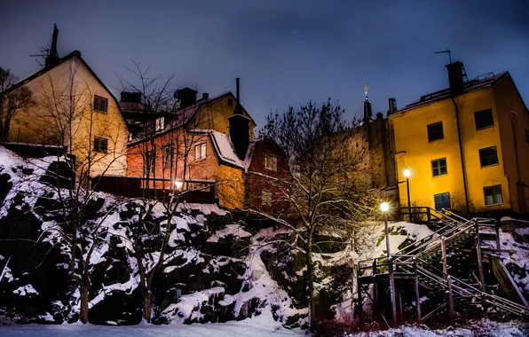 Night, the city, home, Winter, lights, Stockholm